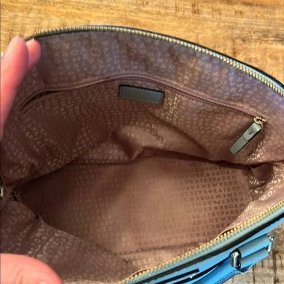 Kate Spade Gray/ Blue Leather Dome Satchel Handbag with Crossbody Strap - Picture 5 of 16